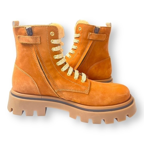 Beberlis Cognac Brown Suede Shearling Lace Up Combat Boots w/ Lug Soles NEW - Picture 8 of 14